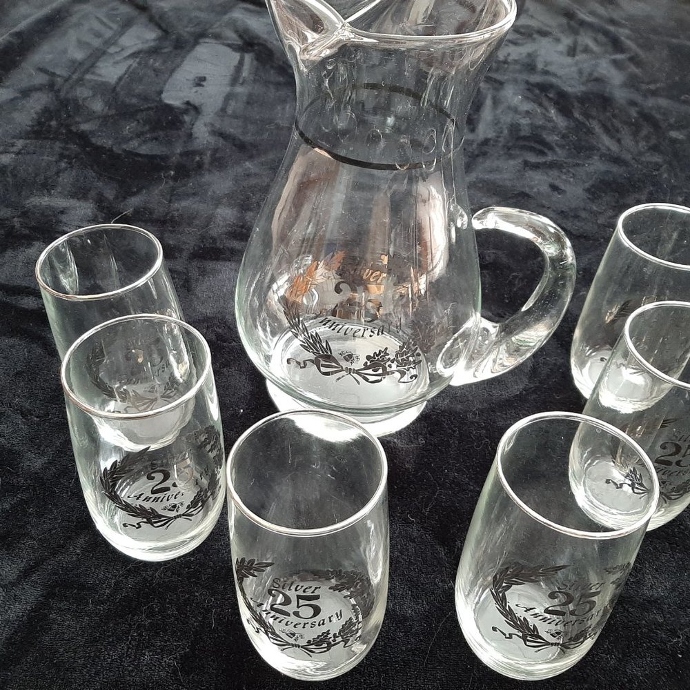 NWOT Silver Anniversary Pitcher and Six Tumblers